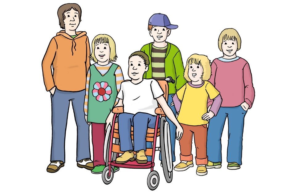 Ein farbenfroher Cartoon, der eine Gruppe von Menschen zeigt, darunter einen Jungen im Rollstuhl, und der Inklusion und Freundschaft hervorhebt.